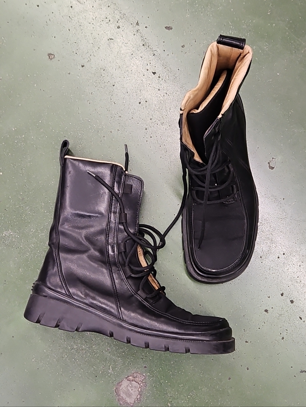 SERGIO ROSSI Black Leather Fabric Combat Military Lace Up Boots Size 37 Italy